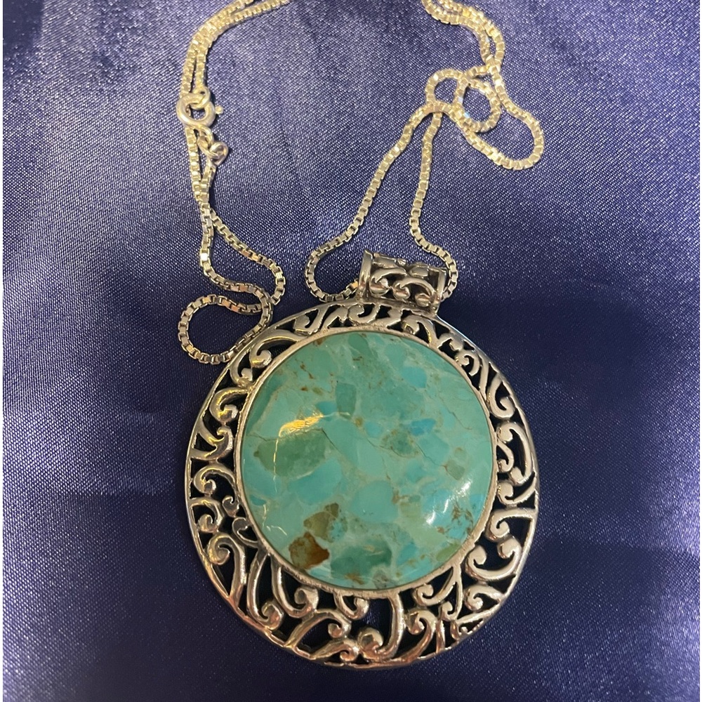 Gorgeous Large Ornate Turquoise Sterling Silver Pendant with box chain